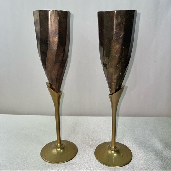Vintage Brass Champagne Flutes MCM Twisted Goblets Toasting Glasses 2 - Picture 6 of 6